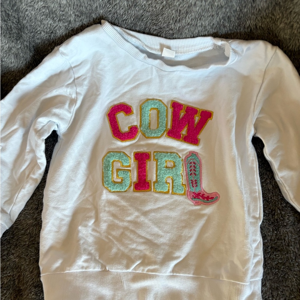 Kids Cowgirl Sweatshirt - White with Pink and Green Accents